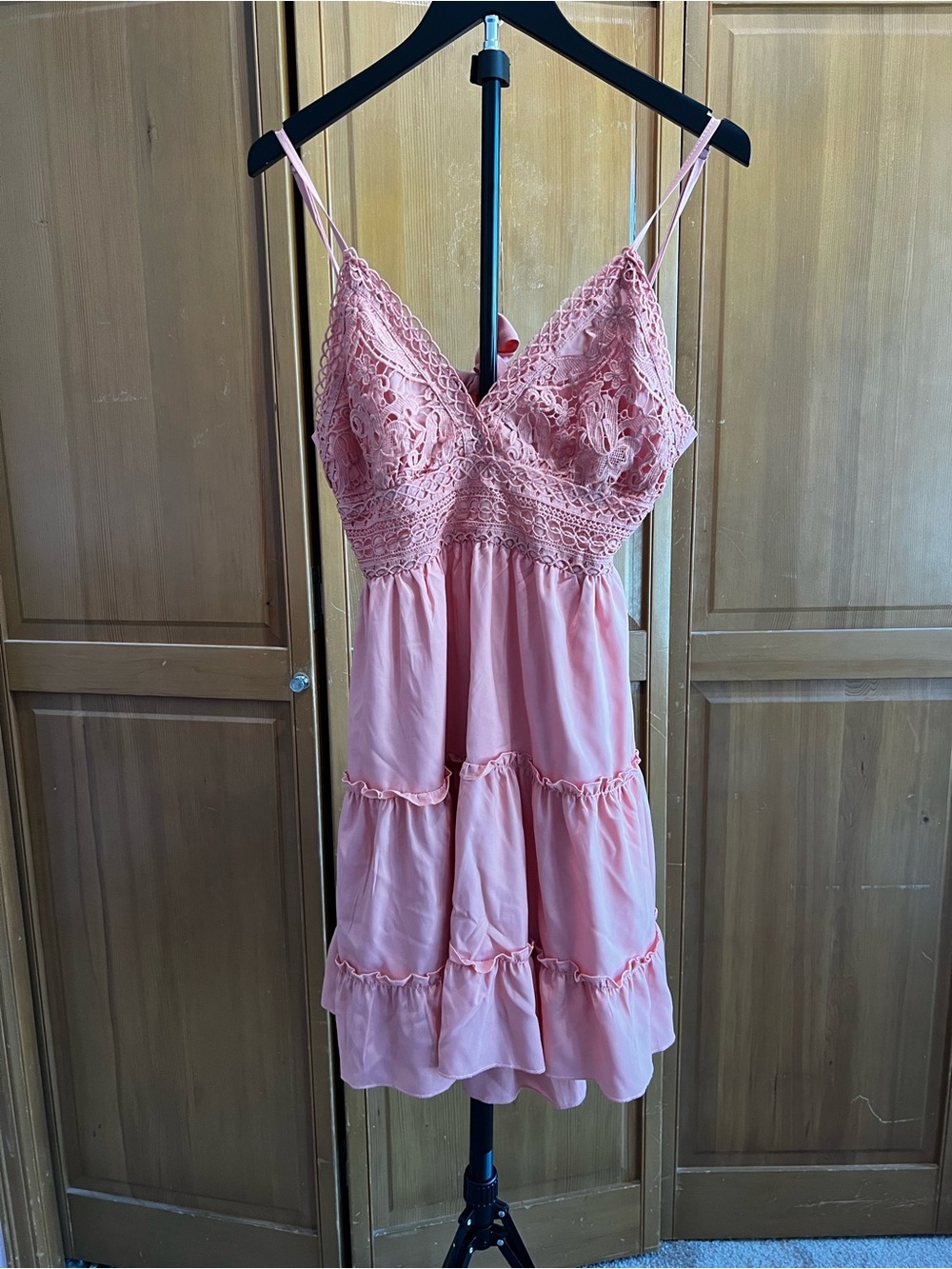 Spaghetti Strap Lace Bodice Mini Dress in Blush Peach